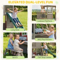 Qaba Two-Story Outdoor Playhouse, Wooden Kids Playhouse with Slide, Bench, BBQ Play Kitchen, Ladder, Lookout Platform, Clock(m-4)