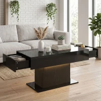 HOMCOM LED Coffee Table with Storage, High Gloss Modern Center Table with 2 Drawers and Remote Control for Living Room, Black(m-8)