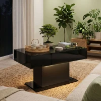 HOMCOM LED Coffee Table with Storage, High Gloss Modern Center Table with 2 Drawers and Remote Control for Living Room, Black(m-9)