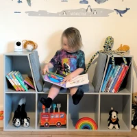 HOMCOM 6-Cubby Kids Bookcase with Reading Nook and Cushion, Multi-Purpose Storage Organizer for Bedroom, Living Room, Grey(m-8)