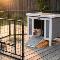 PawHut Small Wooden Rabbit Hutch Bunny Cage Guinea Pig Cage Duck House Dog House with Openable & Waterproof Roof, for Rabbits, Chickens, Ducks, Gray(m-10)