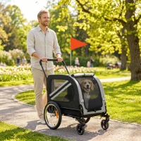 PawHut Dog Bike Trailer, 2-in-1 Dog Stroller with Universal Wheel Reflectors Flag, Grey(m-10)