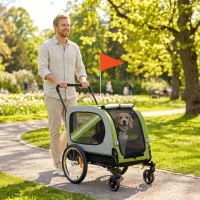 PawHut Dog Bike Trailer, 2-in-1 Dog Wagon Pet Stroller for Travel with Universal Wheel Reflectors Flag, Green(m-10)