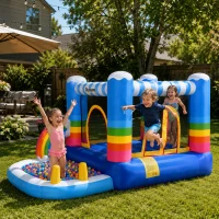 Outsunny Inflatable Bounce House for Kids 2-in-1 Jumping Castle for Indoor Outdoor Party with Trampoline, Pool, Carry Bag & Air Blower(m-2)