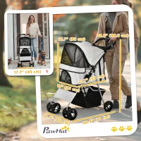 PawHut Cat Dog Stroller, One-click Foldable Pet Stroller w/Cup Holder, 4 Wheels Travel Carrier w/Brakes, 360° Swiveling Front Wheels, Storage Basket, for XS/Small Dogs Cats, Grey(m-3)