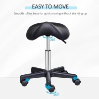 HOMCOM Saddle Stool, PU Leather Rolling Stool with Wheels, Adjustable Salon Chair for Kitchen, Salon Spa, Bar, Home Office, Massage, Black(m-5)