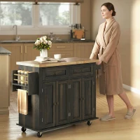 HOMCOM 44" Mobile Kitchen Island Table, Kitchen Island Cart on Wheels with Storage Cabinets, 2 Drawers, Brown(m-8)