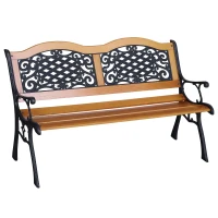 Outsunny 50" Outdoor Garden Bench, Park Patio Bench Loveseat, Wood & Metal Frame with Plastic Flourish Backrest, Natural Wood(m-2)