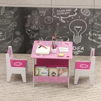Qaba 3 Pieces Kids Table and Chair Set with Bookshelves, for Classroom, Home, Nursery, Playroom, for Read, Draw, Art, Pink(m-10)