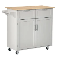 HOMCOM 41" Kitchen Island with Storage and Solid Wood Top, Rolling Kitchen Cart on Wheels with 2 Storage Drawers, 2 Doors and Towel Rack for Dining Room, Grey(m-2)