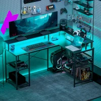 HOMCOM 59" L Shaped Desk with Storage, Corner Desk with LED Lights and Power Outlets for Home Office, Small Space, Black(m-9)