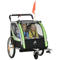 Aosom 2 Seat Bike Trailer for Kids 2-in-1 Double Baby Stroller with Handbrake, Rubber Wheels, 5 Point Harness, Waterproof Cover, Storage Bag, Reflectors, Green(m-2)