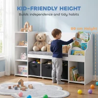 Qaba Kids Storage Shelf with Reading Nook, Toy Storage Organizer with Seat Cushion, 3 Fabric Drawers for Playroom, Nursery(m-6)