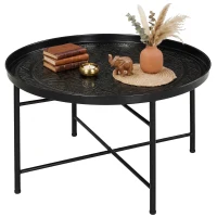 HOMCOM Coffee Table for Living Room, 24" Round Center Table with Hammered Tray Top and Metal Frame for Bedroom, Black(m-1)