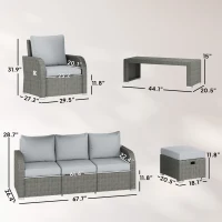 Outsunny 6-Piece Outdoor Rattan Patio Sectional Sofa Set with 3-Seat Couch, 2 Recliners, 2 Ottoman Footrests, & Coffee Table Conversation Set, Light Gray(m-3)