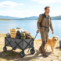 Outsunny Folding Garden Wagon, Collapsible Wagon, Cart with Wheels, Steel Frame and Oxford Fabric, Dark Grey(m-1)