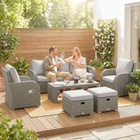 Outsunny 6-Piece Outdoor Rattan Patio Sectional Sofa Set with 3-Seat Couch, 2 Recliners, 2 Ottoman Footrests, & Coffee Table Conversation Set, Light Gray(m-9)