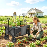Outsunny Folding Garden Wagon, Collapsible Wagon, Cart with Wheels, Steel Frame and Oxford Fabric, Dark Grey(m-8)