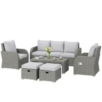 Outsunny 6-Piece Outdoor Rattan Patio Sectional Sofa Set with 3-Seat Couch, 2 Recliners, 2 Ottoman Footrests, & Coffee Table Conversation Set, Light Gray(m-11)