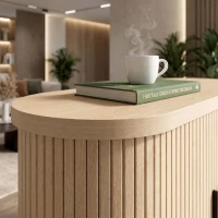 HOMCOM Sideboard Buffet Cabinet with Curved Tambour Doors, Thick Tabletop and Arc Metal Legs Natural Wood(m-9)