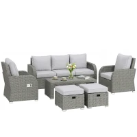 Outsunny 6-Piece Outdoor Rattan Patio Sectional Sofa Set with 3-Seat Couch, 2 Recliners, 2 Ottoman Footrests, & Coffee Table Conversation Set, Light Gray(m-1)