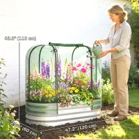Outsunny Galvanized Raised Garden Bed with Crop Cage Protection Net Cover, Outdoor Planter Box for Vegetables, Flowers, Herbs(m-3)