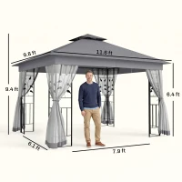 Outsunny 10' x 11.5' Metal Patio Gazebo, Double Roof Outdoor Gazebo Canopy Shelter w/Tree Motifs Corner Frame and Netting, Gray(m-3)