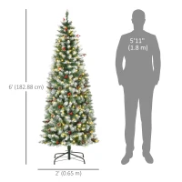 HOMCOM 6 ft Snow-Dipped Pencil Christmas Tree Pre-Lit Holiday Decoration with LED Lights Pine Cones Red Berries Green(m-3)