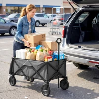 Outsunny Folding Garden Wagon, Collapsible Wagon, Cart with Wheels, Steel Frame and Oxford Fabric, Dark Grey(m-10)