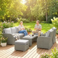 Outsunny 6-Piece Outdoor Rattan Patio Sectional Sofa Set with 3-Seat Couch, 2 Recliners, 2 Ottoman Footrests, & Coffee Table Conversation Set, Light Gray(m-8)