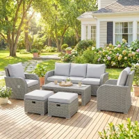 Outsunny 6-Piece Outdoor Rattan Patio Sectional Sofa Set with 3-Seat Couch, 2 Recliners, 2 Ottoman Footrests, & Coffee Table Conversation Set, Light Gray(m-10)