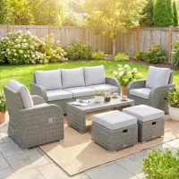 Outsunny 6-Piece Outdoor Rattan Patio Sectional Sofa Set with 3-Seat Couch, 2 Recliners, 2 Ottoman Footrests, & Coffee Table Conversation Set, Light Gray(m-2)