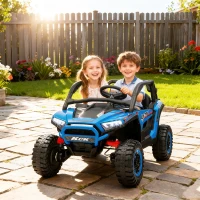 Qaba 2 Seater 24V 7AH Ride on Truck, Electric Car for Kids w/ Spring Suspension, Remote Lights, Horn, Music, Blue(m-1)