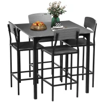 HOMCOM 5-Piece Counter Height Bar Table with Space-Saving Design, Square Kitchen Table and Chairs Set with Footrest, Metal Legs, Industrial Dining Table Set for 4, Gray(m-1)