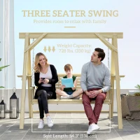 Outsunny 3 Seat Wooden Porch Swing with Stand, Patio Swing with Side Tables, for Garden, Poolside, Backyard, Natural Wood(m-4)
