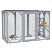PawHut 44.1" H Cat Cage, Indoor Outdoor Wooden Enclosure Pet House, Small Animal Cage Hutch, Suitable for Rabbit, Dogs, Kitten, Crate Kennel with Waterproof Roof, Multi-Level Platforms, Lock, Grey(m-2)