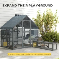 PawHut Wooden Catio Outdoor Cat Enclosure with Waterproof Cover, 2 Condos, 4 Platforms, Bridge, Doors, Gray(m-13)