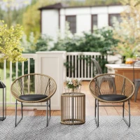 Outsunny Outdoor Bistro Set, 3 Piece Wicker Patio Furniture Set with 2 Chairs and Glass-Top Table, Natural Wood(m-8)