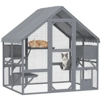 PawHut Wooden Catio Outdoor Cat Enclosure with Waterproof Cover, 2 Condos, 4 Platforms, Bridge, Doors, Gray(m-18)