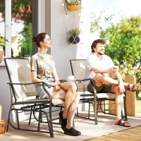 Outsunny Double Patio Glider Chair with Glass Top Center Table, Outdoor Glider Loveseat with High Back,  All Weather Breathable Mesh Fabric for Garden, Backyard, Deck, Light Brown(m-1)