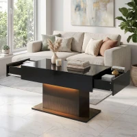 HOMCOM LED Coffee Table with Storage, High Gloss Modern Center Table with 2 Drawers and Remote Control for Living Room, Black(m-7)