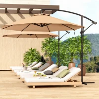 Outsunny 9.5' Cantilever Umbrella with Wind Protection Strap and Cover, Hanging Umbrella with Crank and Cross Base, Khaki(m-1)