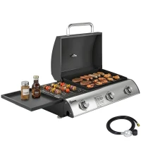 Outsunny 3 Burner Portable Propane Gas Grill Griddle, Tabletop Grill & Griddle Combo with Adjustable Foot Pads, 28,500 BTU, Black(m-9)