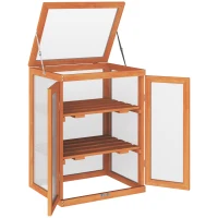 Outsunny Wooden 2 Tier Cold Frame Greenhouse Polycarbonate Plant Grow House Portable Garden, 22.8" x 17.3" x 30.7", Orange(m-9)