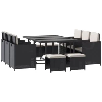 Outsunny 11 Pieces Wicker Patio Dining Set, Space-saving Outdoor Furniture Set with Removable Cushions, Glass Top Dining Table, 6 Armchairs, 4 Ottomans, PE Rattan Conversation Set(m-2)
