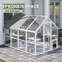 PawHut Wooden Catio Outdoor Cat Enclosure with Waterproof Cover, 2 Condos, 6 Platforms, Bridge, Doors, White(m-11)