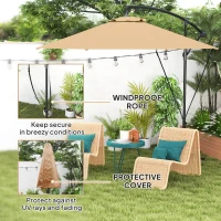 Outsunny 9.5' Cantilever Umbrella with Wind Protection Strap and Cover, Hanging Umbrella with Crank and Cross Base, Khaki(m-4)