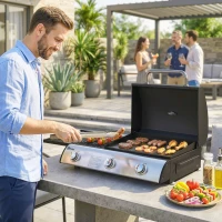 Outsunny 3 Burner Portable Propane Gas Grill Griddle, Tabletop Grill & Griddle Combo with Adjustable Foot Pads, 28,500 BTU, Black(m-1)