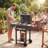 Outsunny Charcoal Grill with 2 Side Tables, Barbecue Grill with Thermometer and Warming Rack, Wheels, 43.3"x18.3"x39.8", Black(m-1)