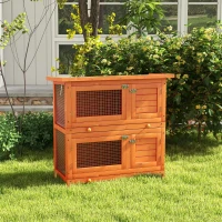 PawHut 2-Tier Wooden Rabbit Hutch Small Animal House Bunny Pet Cage with 2 Main Rooms, Sliding Tray, Opening Top, Yellow(m-8)